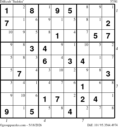 The grouppuzzles.com Difficult Sudoku puzzle for Monday May 18, 2026 with all 10 steps marked