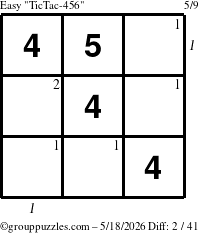 The grouppuzzles.com Easy TicTac-456 puzzle for Monday May 18, 2026 with all 2 steps marked