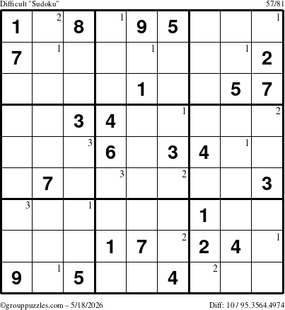 The grouppuzzles.com Difficult Sudoku puzzle for Monday May 18, 2026 with the first 3 steps marked