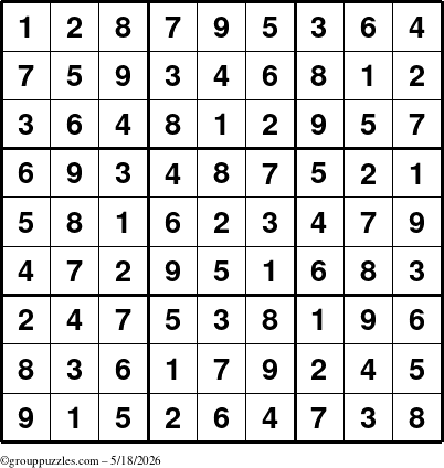 The grouppuzzles.com Answer grid for the Sudoku puzzle for Monday May 18, 2026