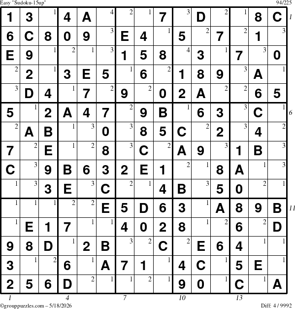 The grouppuzzles.com Easy Sudoku-15up puzzle for Monday May 18, 2026 with all 4 steps marked