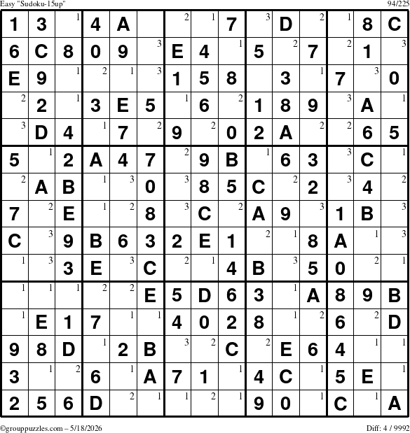 The grouppuzzles.com Easy Sudoku-15up puzzle for Monday May 18, 2026 with the first 3 steps marked