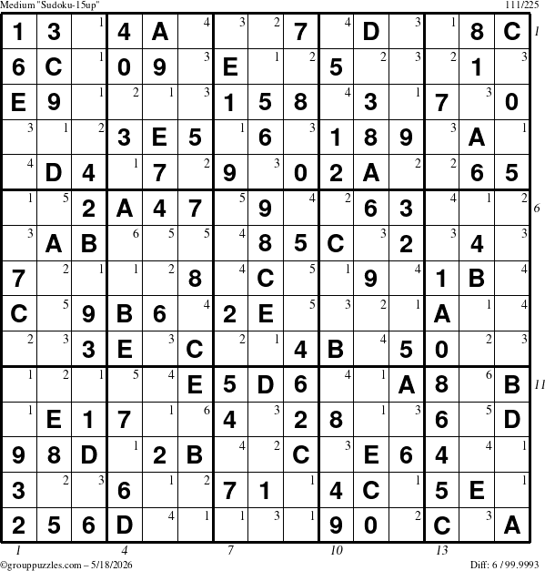 The grouppuzzles.com Medium Sudoku-15up puzzle for Monday May 18, 2026, suitable for printing, with all 6 steps marked