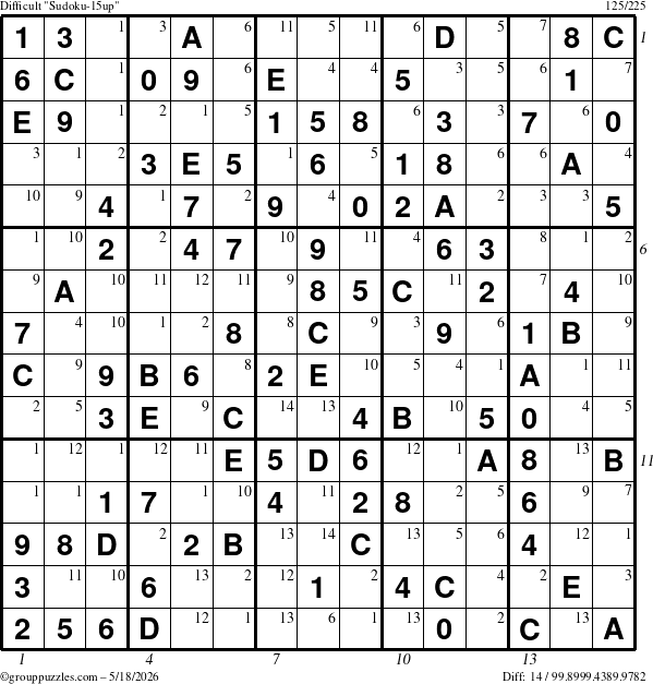 The grouppuzzles.com Difficult Sudoku-15up puzzle for Monday May 18, 2026 with all 14 steps marked