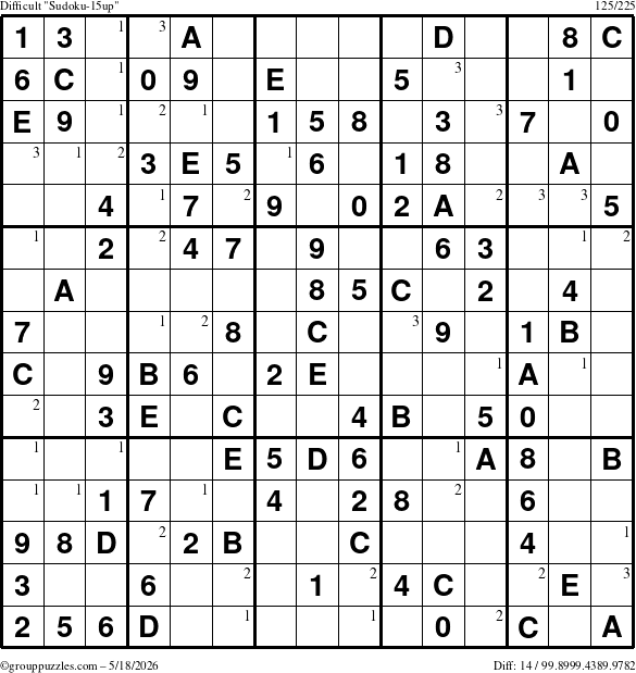 The grouppuzzles.com Difficult Sudoku-15up puzzle for Monday May 18, 2026 with the first 3 steps marked