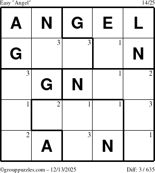 The grouppuzzles.com Easy Angel puzzle for Saturday December 13, 2025 with the first 3 steps marked