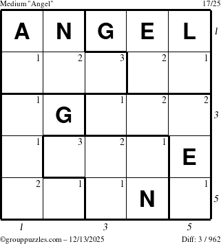 The grouppuzzles.com Medium Angel puzzle for Saturday December 13, 2025, suitable for printing, with all 3 steps marked