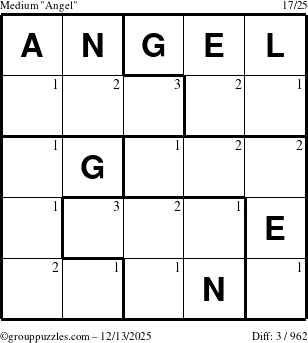 The grouppuzzles.com Medium Angel puzzle for Saturday December 13, 2025 with the first 3 steps marked