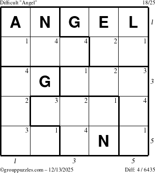 The grouppuzzles.com Difficult Angel puzzle for Saturday December 13, 2025, suitable for printing, with all 4 steps marked
