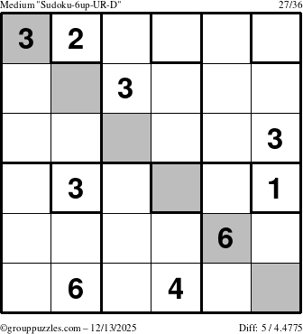 The grouppuzzles.com Medium Sudoku-6up-UR-D puzzle for Saturday December 13, 2025