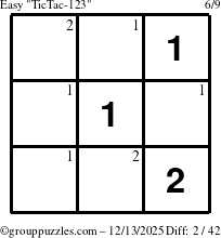 The grouppuzzles.com Easy TicTac-123 puzzle for Saturday December 13, 2025 with the first 2 steps marked