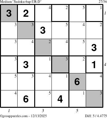 The grouppuzzles.com Medium Sudoku-6up-UR-D puzzle for Saturday December 13, 2025, suitable for printing, with all 5 steps marked