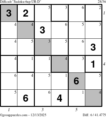 The grouppuzzles.com Difficult Sudoku-6up-UR-D puzzle for Saturday December 13, 2025, suitable for printing, with all 6 steps marked