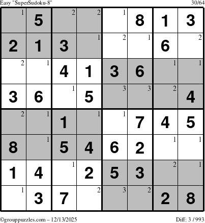 The grouppuzzles.com Easy SuperSudoku-8 puzzle for Saturday December 13, 2025 with the first 3 steps marked