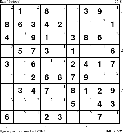 The grouppuzzles.com Easy Sudoku puzzle for Saturday December 13, 2025 with all 3 steps marked