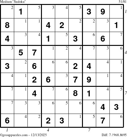 The grouppuzzles.com Medium Sudoku puzzle for Saturday December 13, 2025, suitable for printing, with all 7 steps marked