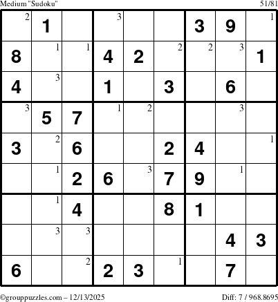 The grouppuzzles.com Medium Sudoku puzzle for Saturday December 13, 2025 with the first 3 steps marked