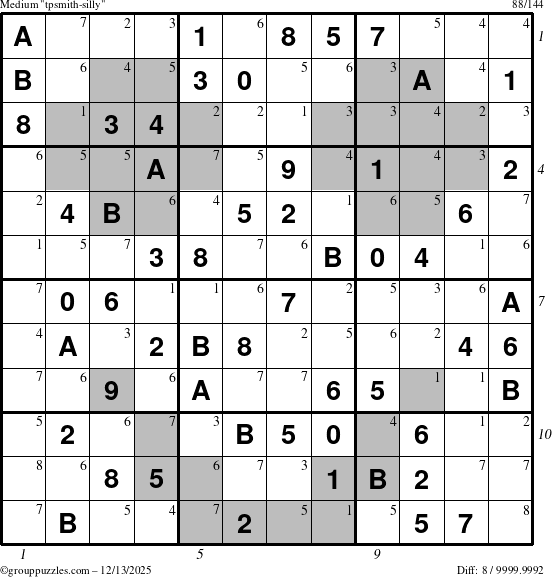 The grouppuzzles.com Medium tpsmith-silly puzzle for Saturday December 13, 2025, suitable for printing, with all 8 steps marked