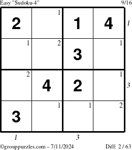 The grouppuzzles.com Easy Sudoku-4 puzzle for Thursday July 11, 2024 with all 2 steps marked