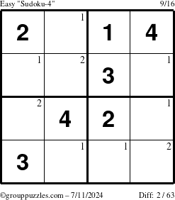 The grouppuzzles.com Easy Sudoku-4 puzzle for Thursday July 11, 2024 with the first 2 steps marked