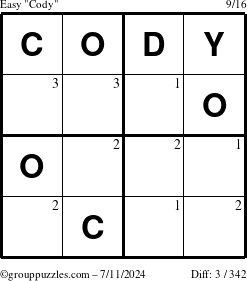 The grouppuzzles.com Easy Cody puzzle for Thursday July 11, 2024 with the first 3 steps marked