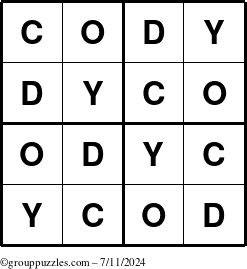 The grouppuzzles.com Answer grid for the Cody puzzle for Thursday July 11, 2024