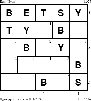 The grouppuzzles.com Easy Betsy puzzle for Thursday July 11, 2024 with all 2 steps marked