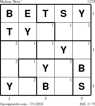 The grouppuzzles.com Medium Betsy puzzle for Thursday July 11, 2024, suitable for printing, with all 2 steps marked