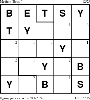 The grouppuzzles.com Medium Betsy puzzle for Thursday July 11, 2024 with the first 2 steps marked