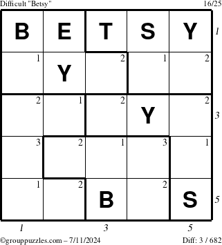 The grouppuzzles.com Difficult Betsy puzzle for Thursday July 11, 2024 with all 3 steps marked