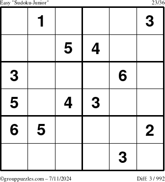 The grouppuzzles.com Easy Sudoku-Junior puzzle for Thursday July 11, 2024