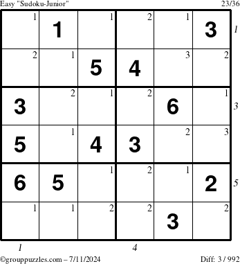 The grouppuzzles.com Easy Sudoku-Junior puzzle for Thursday July 11, 2024 with all 3 steps marked