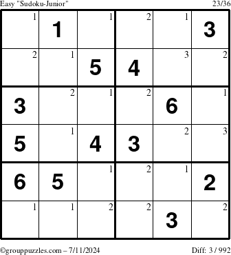 The grouppuzzles.com Easy Sudoku-Junior puzzle for Thursday July 11, 2024 with the first 3 steps marked