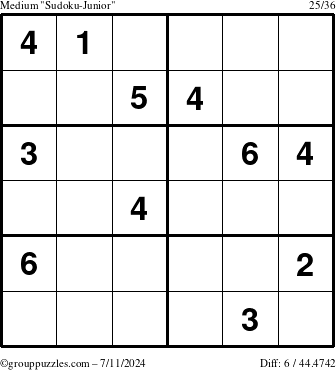 The grouppuzzles.com Medium Sudoku-Junior puzzle for Thursday July 11, 2024