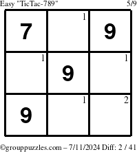 The grouppuzzles.com Easy TicTac-789 puzzle for Thursday July 11, 2024 with the first 2 steps marked