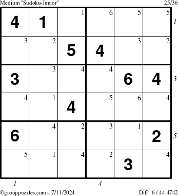 The grouppuzzles.com Medium Sudoku-Junior puzzle for Thursday July 11, 2024, suitable for printing, with all 6 steps marked