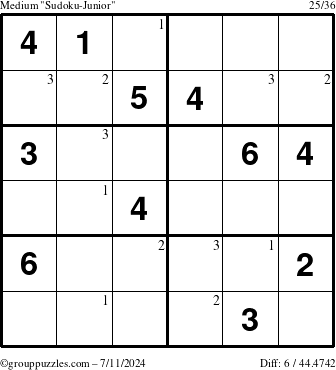 The grouppuzzles.com Medium Sudoku-Junior puzzle for Thursday July 11, 2024 with the first 3 steps marked