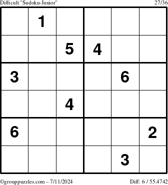 The grouppuzzles.com Difficult Sudoku-Junior puzzle for Thursday July 11, 2024