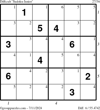 The grouppuzzles.com Difficult Sudoku-Junior puzzle for Thursday July 11, 2024 with all 6 steps marked