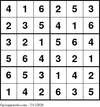 The grouppuzzles.com Answer grid for the Sudoku-Junior puzzle for Thursday July 11, 2024