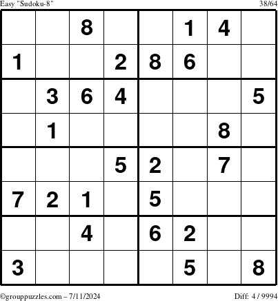 The grouppuzzles.com Easy Sudoku-8 puzzle for Thursday July 11, 2024