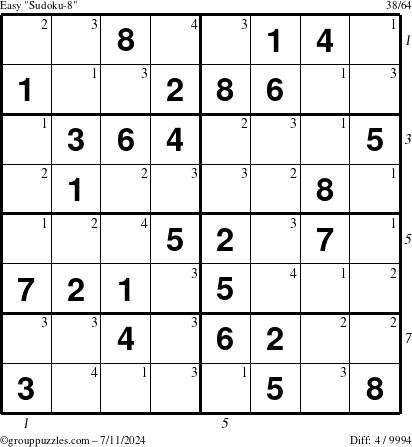 The grouppuzzles.com Easy Sudoku-8 puzzle for Thursday July 11, 2024 with all 4 steps marked