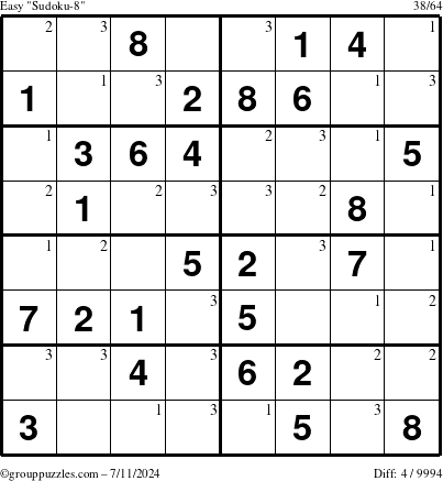 The grouppuzzles.com Easy Sudoku-8 puzzle for Thursday July 11, 2024 with the first 3 steps marked