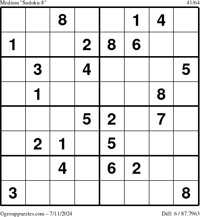 The grouppuzzles.com Medium Sudoku-8 puzzle for Thursday July 11, 2024