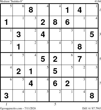 The grouppuzzles.com Medium Sudoku-8 puzzle for Thursday July 11, 2024 with all 6 steps marked