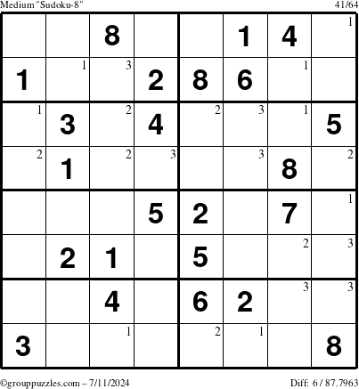 The grouppuzzles.com Medium Sudoku-8 puzzle for Thursday July 11, 2024 with the first 3 steps marked