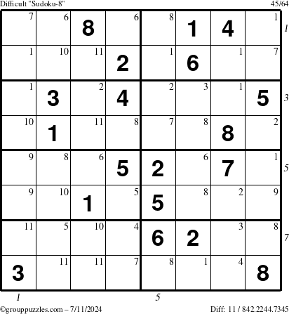 The grouppuzzles.com Difficult Sudoku-8 puzzle for Thursday July 11, 2024 with all 11 steps marked