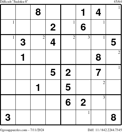 The grouppuzzles.com Difficult Sudoku-8 puzzle for Thursday July 11, 2024 with the first 3 steps marked