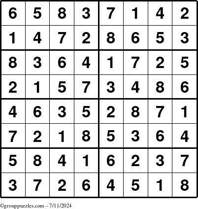 The grouppuzzles.com Answer grid for the Sudoku-8 puzzle for Thursday July 11, 2024