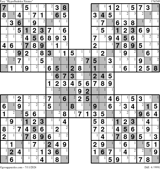 The grouppuzzles.com Easy cover-HyperXtreme puzzle for Thursday July 11, 2024 with the first 3 steps marked